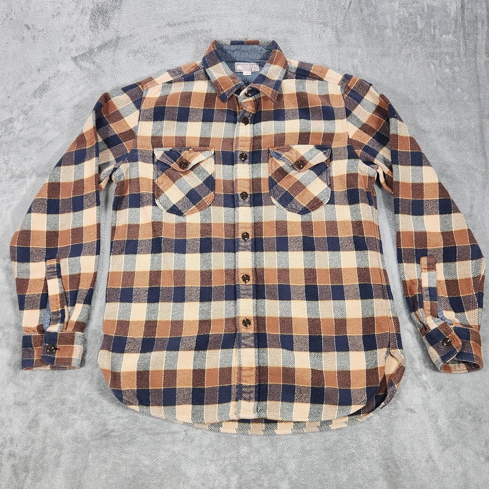 Wallace & Barnes Shirt Mens Medium Brown Navy Plaid Flannel Long Sleeve